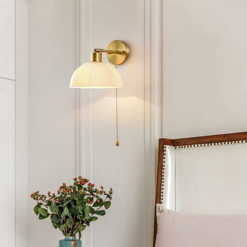 床头壁灯拉线开关客厅壁挂法式奶油风复古卧室美式阅读全铜墙壁灯 - 图1