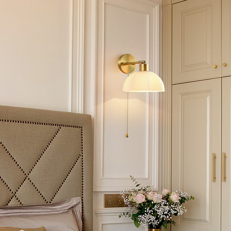床头壁灯拉线开关客厅壁挂法式奶油风复古卧室美式阅读全铜墙壁灯 - 图3