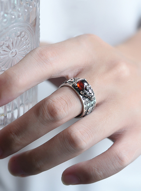 罗泰老银匠990足银男士心经六字真言貔貅戒指男女复古个性指环潮