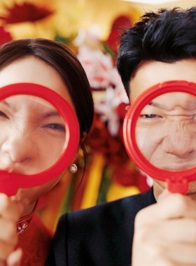 手持式放大镜结婚礼领证新娘拍照道具搞怪哈哈镜面小摆件卡通贴纸