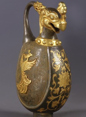 臻品旧藏纯手工錾刻唐代时期局部X鎏金凤口壶