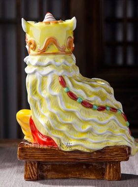 石湾陶瓷家居装饰品客厅摆件开业送礼岭南名俗醒狮舞狮文化 彩青