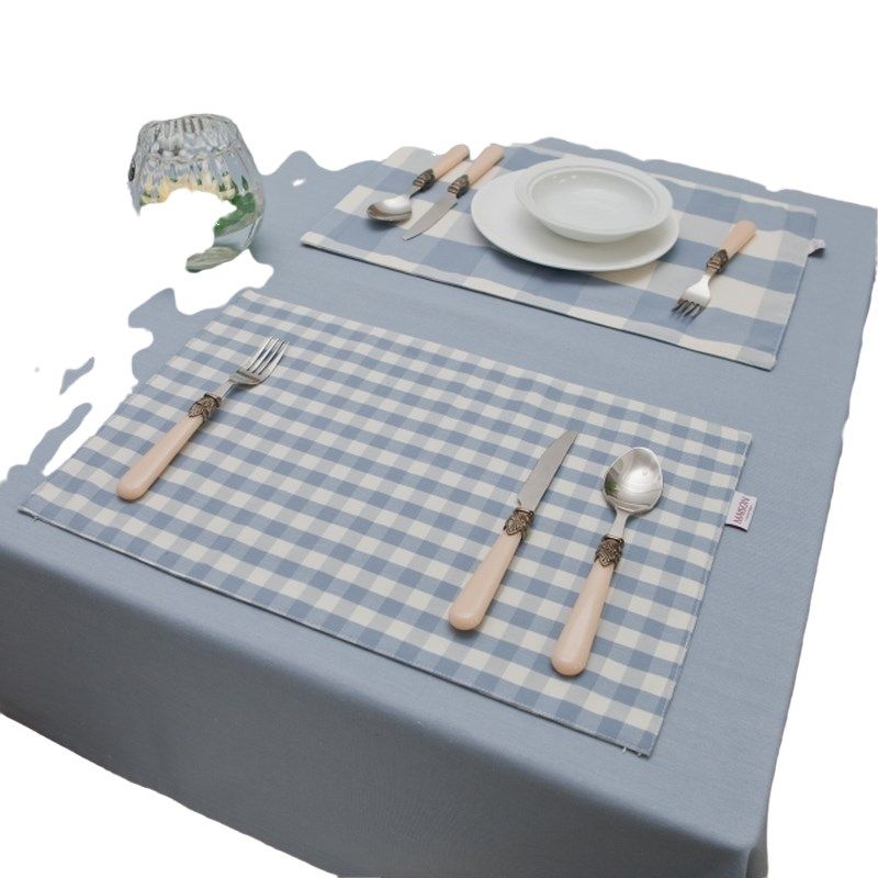 地中海桌布布艺餐垫杯垫浅v蓝大小格子时尚餐桌垫布艺双层餐垫碗,淘宝优惠券,粉丝福利购,淘宝优惠卷