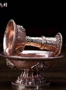 护法财神金鎏水杯铜进口 尼泊尔八吉祥西藏手工紫铜杯圣雕花杯