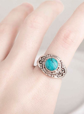 印度尼泊尔手工925银饰品绿松石戒指女 男开口个性创意.复古民族
