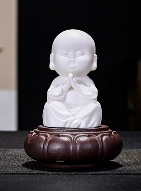 中式禅意白瓷小和尚摆件人物小僧陶瓷家居客厅书S房博古架桌面摆