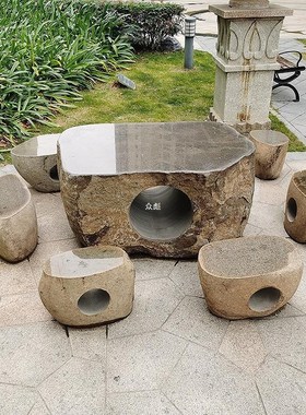 新款别墅一套室外鹅卵p石户外石桌石凳庭院花园摆zb大理石桌椅家