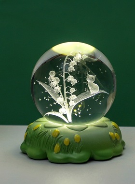 创意水晶球小摆j件郁金香玫瑰康乃馨花朵装饰品小夜灯送人生日礼