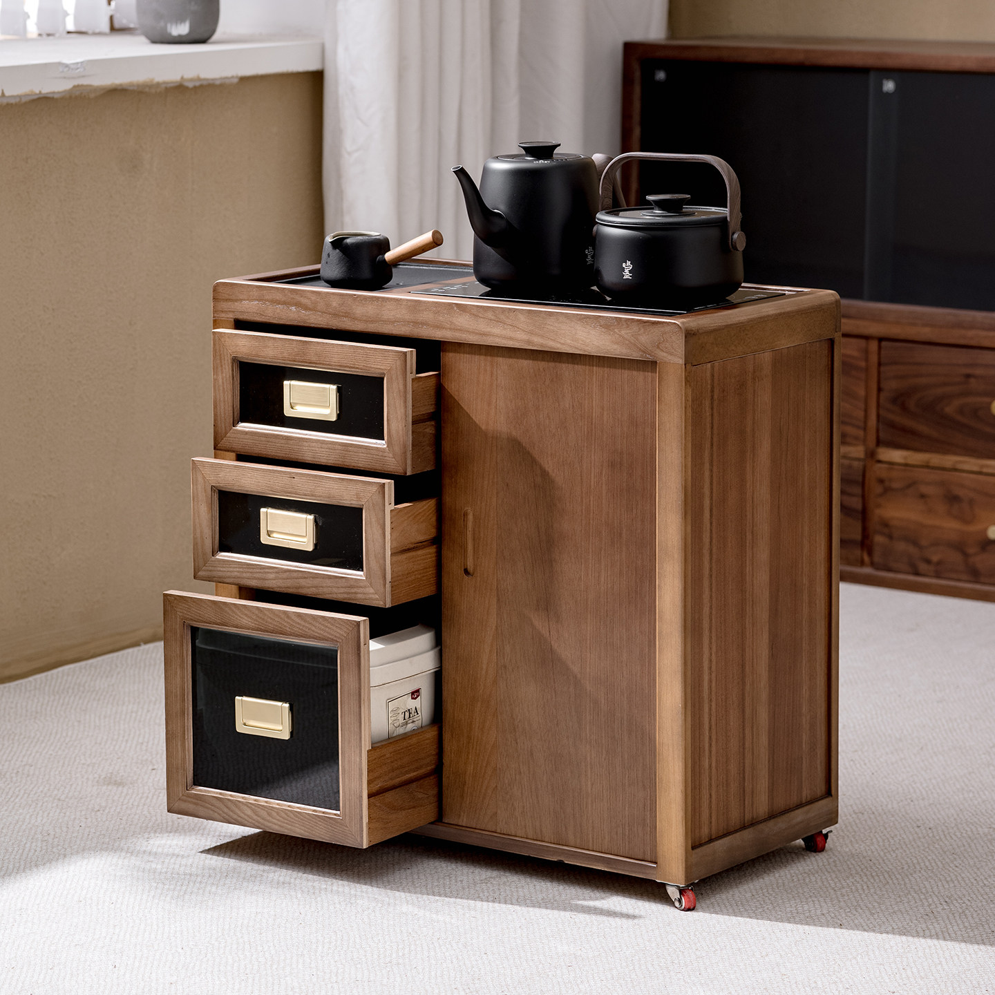 白蜡木茶吧机实木茶水台边柜复古风茶水柜烧水壶一体移动茶台小型,淘宝优惠券,粉丝福利购,淘宝优惠卷