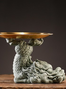 创意茶桌茶点托h盘摆设摆件中式家居客厅玄关青砂石瑞兽麒麟置物