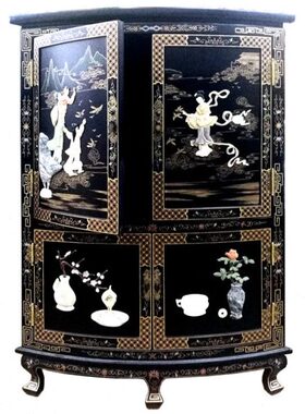 漆艺家居骨石镶嵌大三角墙角装饰柜 扬州漆器新中式古典实木家具