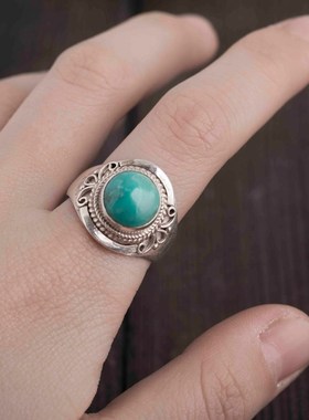 印度尼泊尔e手工925银饰品绿松石戒指女 男开口个性创意复古民族