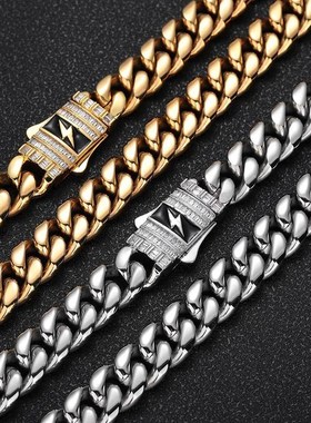 欧美新品闪电锆石弹簧扣不锈钢古巴项链跨境嘻哈钛钢饰品男士项链