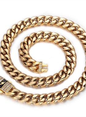 欧美新品闪电锆石弹簧扣不锈钢古巴项链跨境嘻哈钛钢饰品男士项链