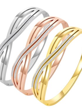 跨境新款不锈钢手镯厂家欧美时尚弹簧卡扣开口不掉色镀金手环