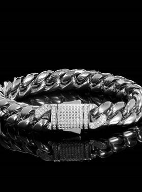 欧美跨境不锈钢饰品锆石弹簧扣古巴链钛钢手链嘻哈个性男士手饰