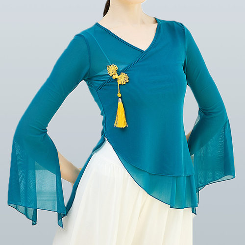 古典舞新款身韵飘逸纱衣演出服女中国风仙女开叉喇叭袖舞蹈上衣女 - 图0