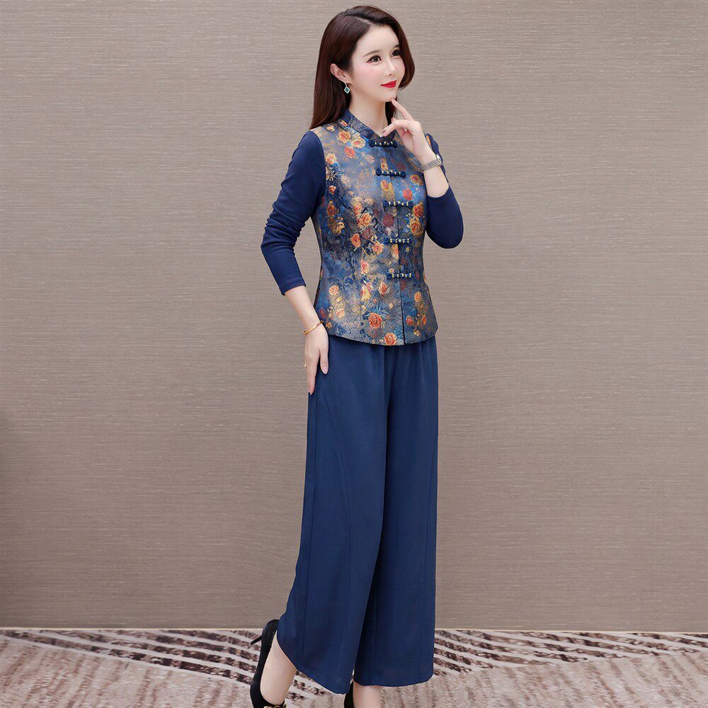 KSY New Chinese Style National Style Stand Collar Button Printed Vest Wide Leg Pants Three-piece Women's Suit With Temperament and Western Style