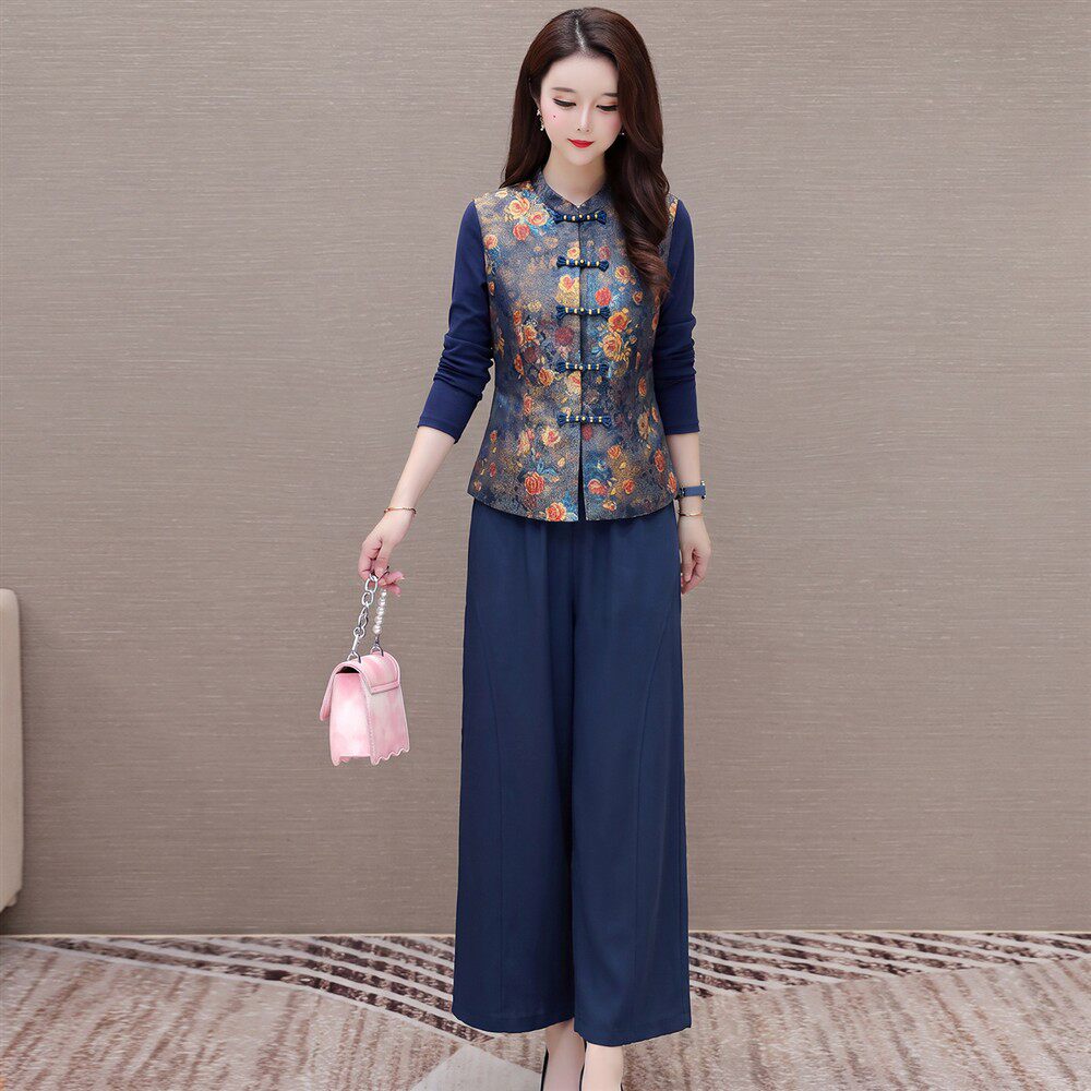 KSY New Chinese Style National Style Stand Collar Button Printed Vest Wide Leg Pants Three-piece Women's Suit With Temperament and Western Style