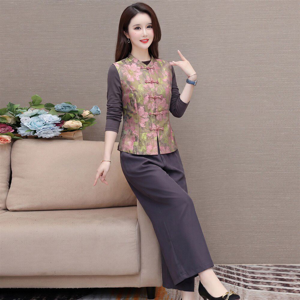 KSY New Chinese Style National Style Stand Collar Button Printed Vest Wide Leg Pants Three-piece Women's Suit With Temperament and Western Style