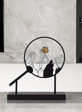 现代新中式雕塑金属摆件扇子屏风玄关G客厅电视柜铁艺风景软装饰