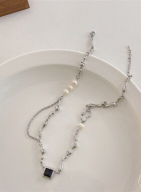 天然淡水珍珠拼接项链女 甜酷辣妹风高级设计感小众个性锁骨链 夏