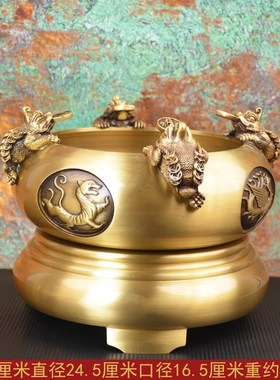 宏达全黄铜四方来财聚宝盆玄关装饰品铜盆金蟾铜器摆件