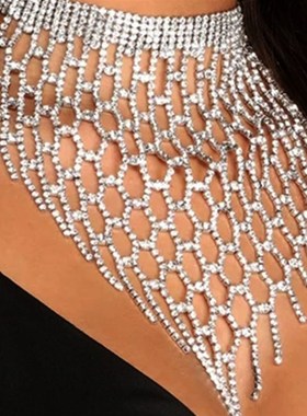 亚马逊火爆水钻项链 网格镂空流苏颈链 多层性感锁骨链女choker06
