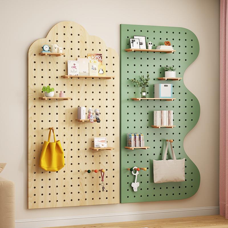 Solid wood hole board wall storage rack without punching into the entrance hall living room decorative wall hanging partition storage rack