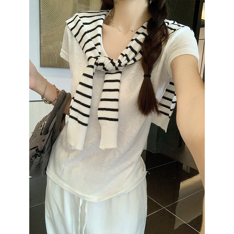 kumikumi高级n感撞色薄款外搭坎肩女夏季新款复古气质条纹针织披 - 图1