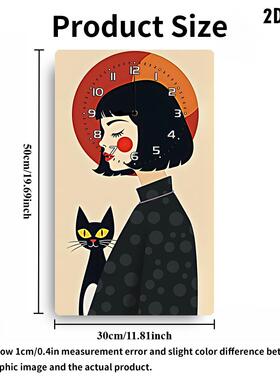 时尚女郎木质时钟，以时尚女郎和黑猫为主题的静音挂画钟客厅餐厅