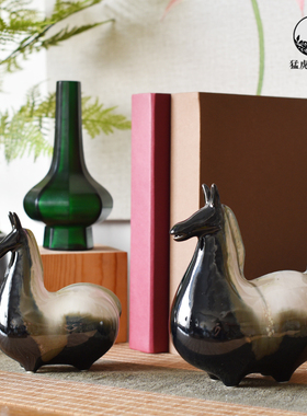 新中式禅意黑色陶瓷水墨小马摆件礼物样板间电视柜酒柜Z客厅装饰