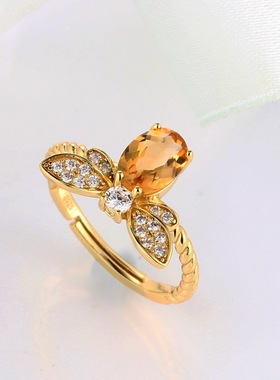 彩宝手饰天然粉 黄水晶活口蜜蜂纯银戒指小众设计