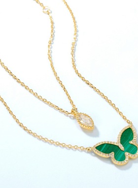 日韩风绿色孔雀石项链森系小清新S925纯银蝴蝶项链手链项链双戴款