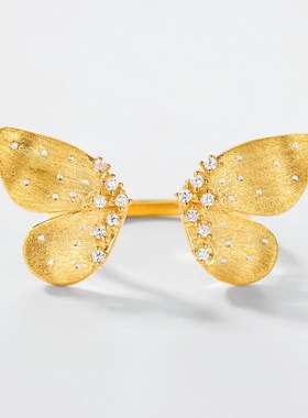 创意蝴蝶意大利拉丝戒指女S925银镀金戒指轻奢风手饰