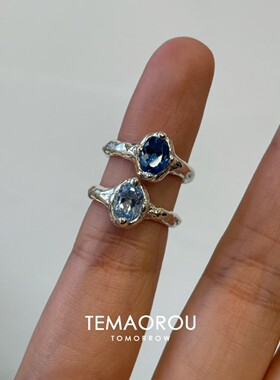 S925纯银椭圆蓝钻不规则素圈戒指