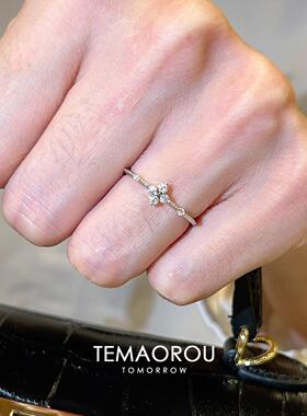 S925纯银极细款mini四叶花戒指女