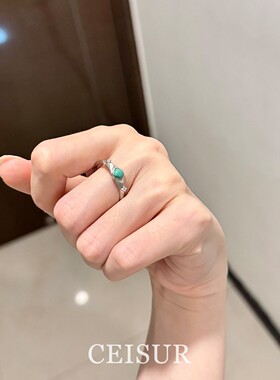 S925纯银方形绿松石闪钻戒指小众