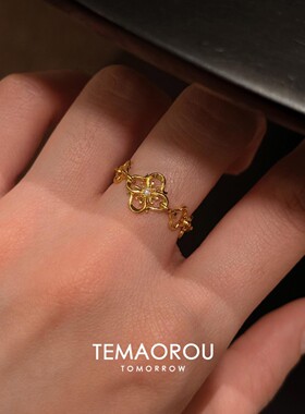 S925纯银四叶草镂空链条金戒指女