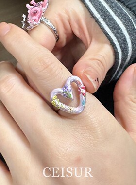 S925纯银珐琅滴油爱心戒指女小众