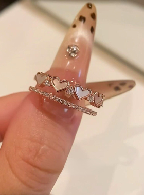 S925纯银双层一体白贝母爱心戒指