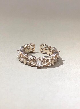 S925纯银中古金色镶钻鸢尾花戒指