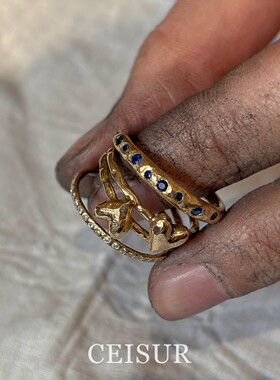 S925纯银金色爱心做旧戒指女小众