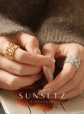 S925纯银多彩珐琅滴釉戒指女小众