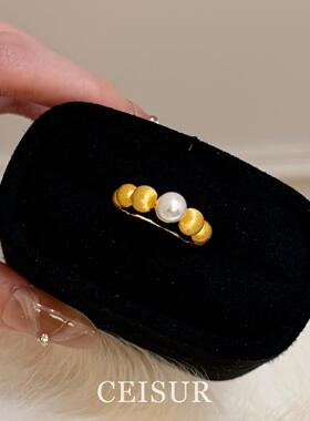 S925纯银金色拉丝圆珠戒指女小众