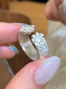 S925纯银韩系磨砂猫耳开口戒指女
