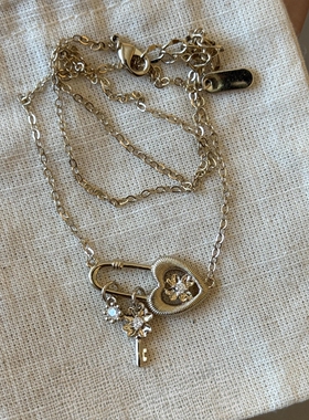 S925纯银中古浅金色别针钥匙项链