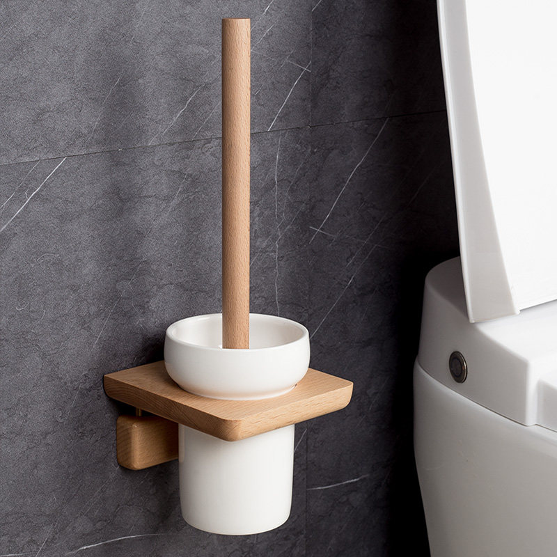 Toilet brush shelf solid wood new Chinese style household no dead corner toilet brush set wall-mounted bathroom light luxury