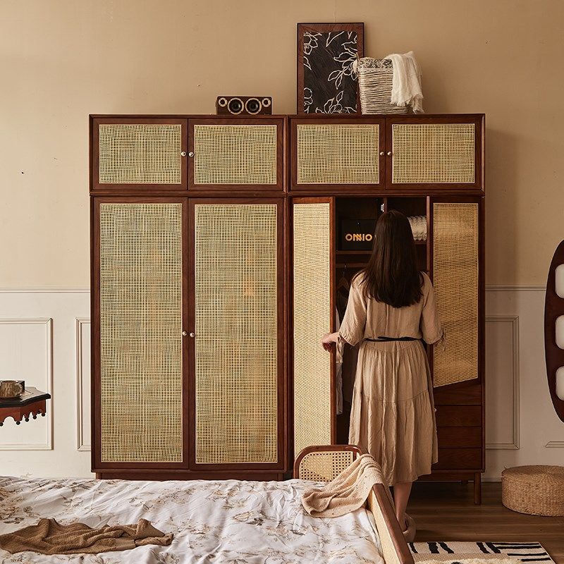 北欧复古实木衣柜民宿卧室藤编柜子储物柜白蜡木对开门大衣橱顶柜,淘宝优惠券,粉丝福利购,淘宝优惠卷