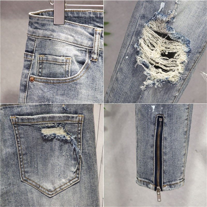 浅色破洞牛仔裤男九分漆点帅气拉链潮牌弹力夏季薄款修身小脚9分,淘宝优惠券,粉丝福利购,淘宝优惠卷